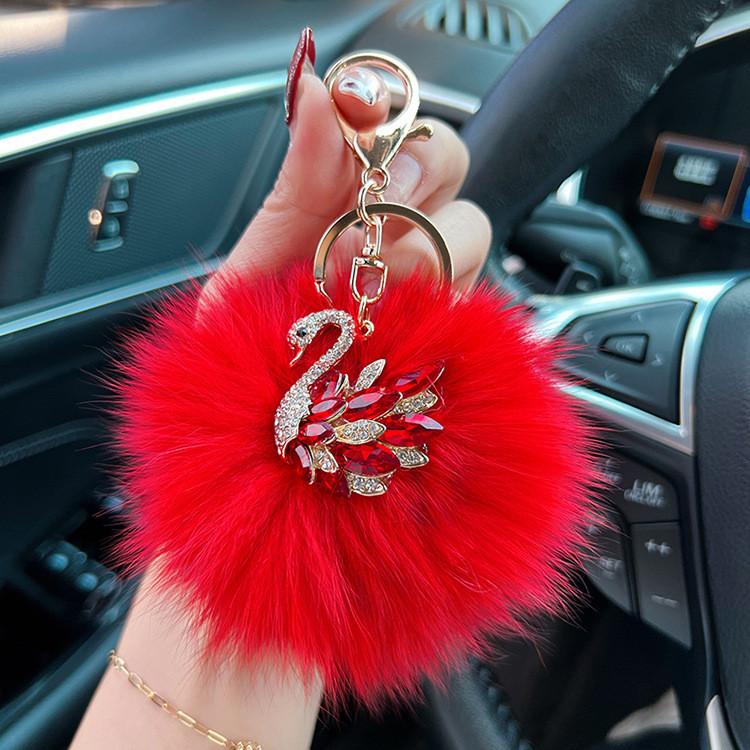 Crystal Swan Creative Fox Fur Car Keychain Exquisite Chic Keyring Bag Pendant