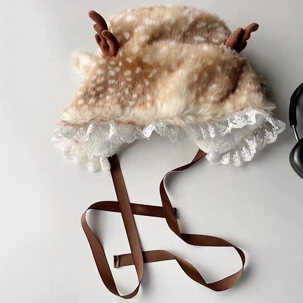 

WTEMPO Cute Reindeer Antler Design Plush Hats Women Elegant Retro Winter Thick Warm Ear-protecting Bomber Hats Lace Patchwork Lacing-up Christmas Hats 1pc хаки