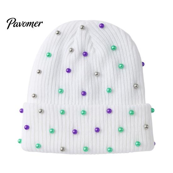 Soft Vertical Texture Hats Unisex Beanies with Colorful Beads, Winter Warm Knitted Hat, Casual Stylish Knit Skull Caps Stretch Cozy Cap for
