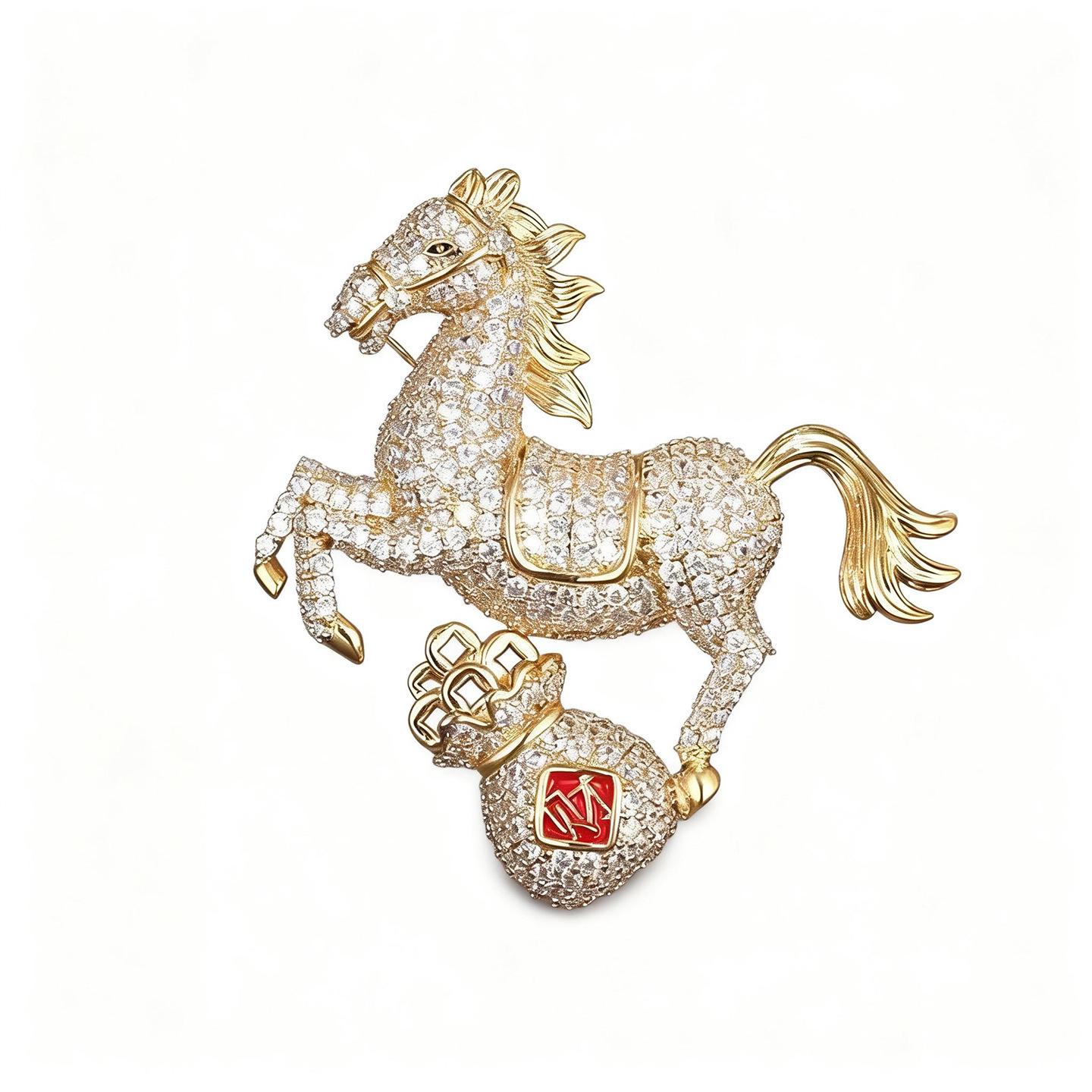 Bo Xin Yun Luxury Copper Zircon Horse Brooch - Zodiac Year Corsage