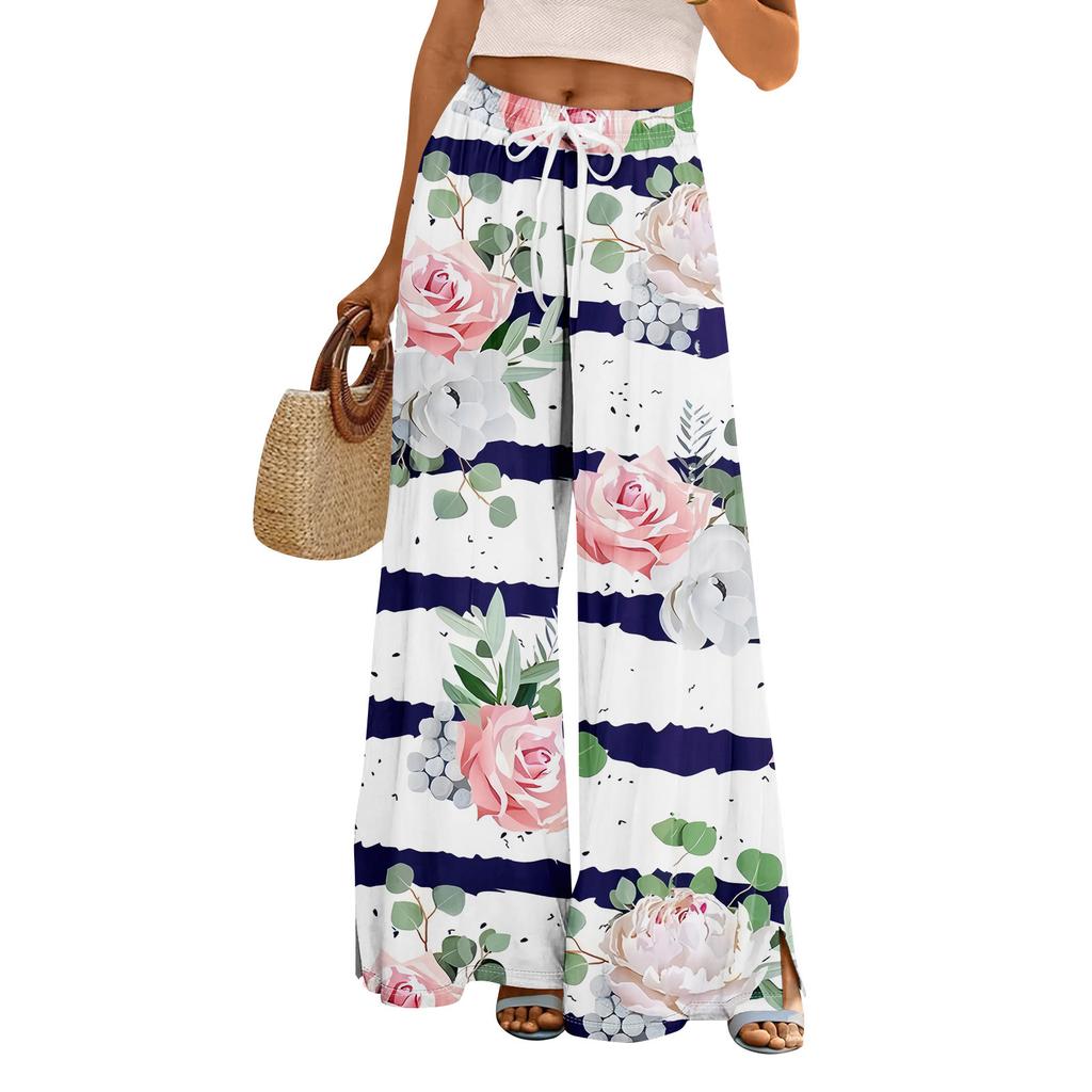 Damen Sommer Boho Palazzo Hose Hohe Taille Weites Bein Blumendruck Freizeithose Mit Taschen