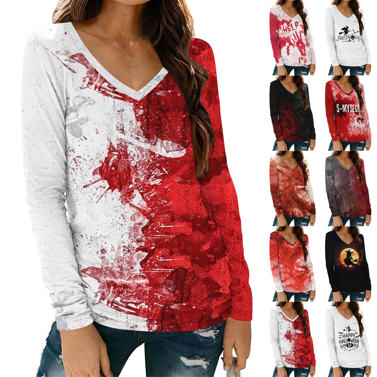 

Женская модная повседневная футболка с длинным рукавом и V-образным вырезом на Хэллоуин с принтом и карманом S