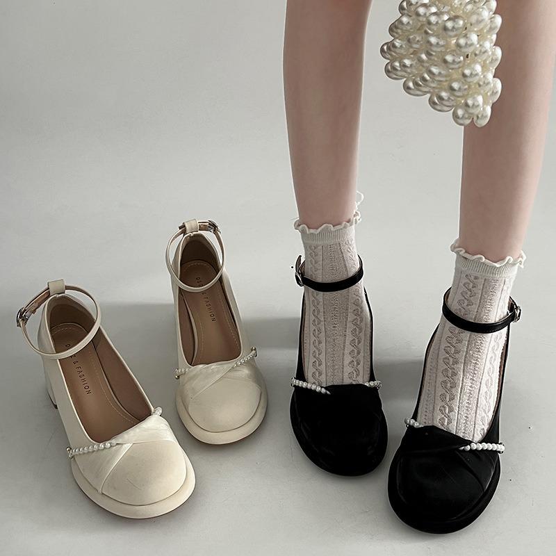 French Mary Janes High Heels Women's Chunky Heeled Shoes Comfortable Daily Wear Leather Single Shoes Beige Black Pumps