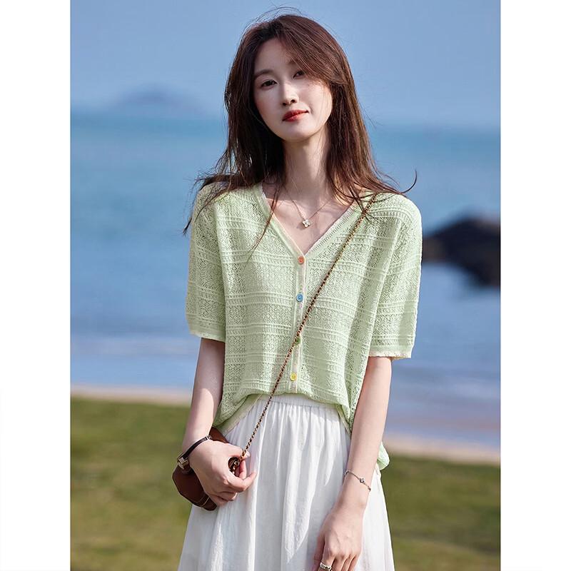 Women s Summer V-Neck Short Sleeve Knit Cardigan Top зелёный