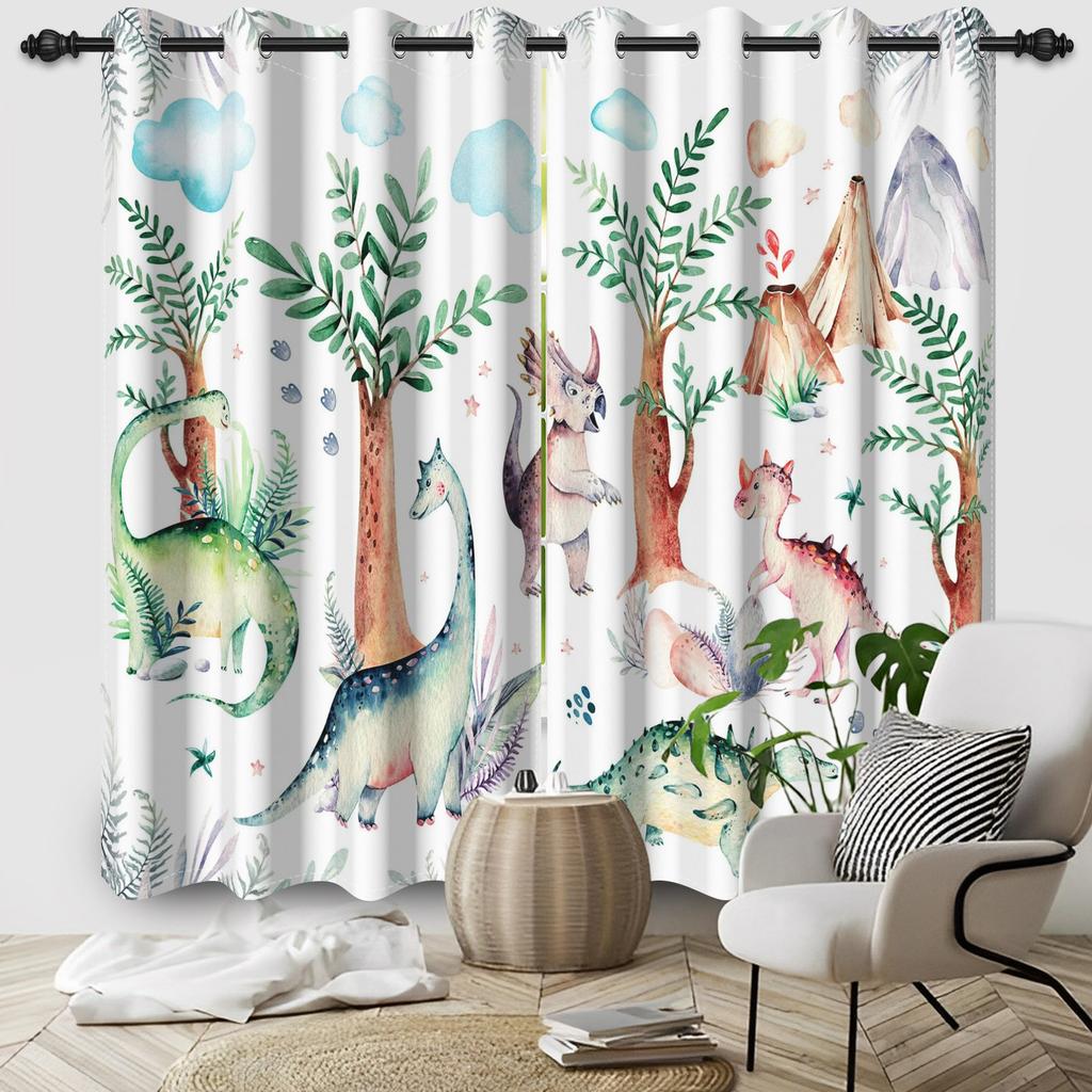 Watercolor Dinosaur Pattern Curtains Cute Animal Printed Curtains For Kids Bedroom Fun Decor Top Grommet Blackout Window Drapes