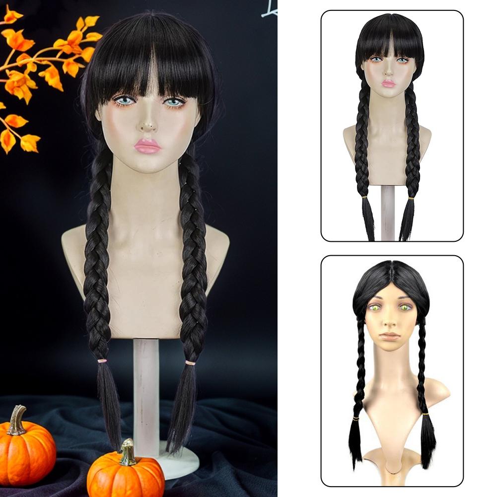 NUOVA Parrucca Nera Intrecciata Sintetica Addams Treccia Nera a Coda di Cavallo Treccine Compatibile con Costume di Halloween Mercoledì Addams Parrucca