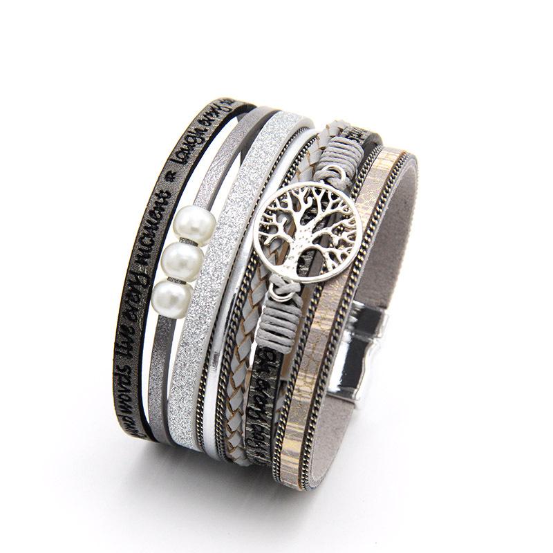 Women's Classic Woven Leather Bracelet with Tree of Life Pendant and Pearls