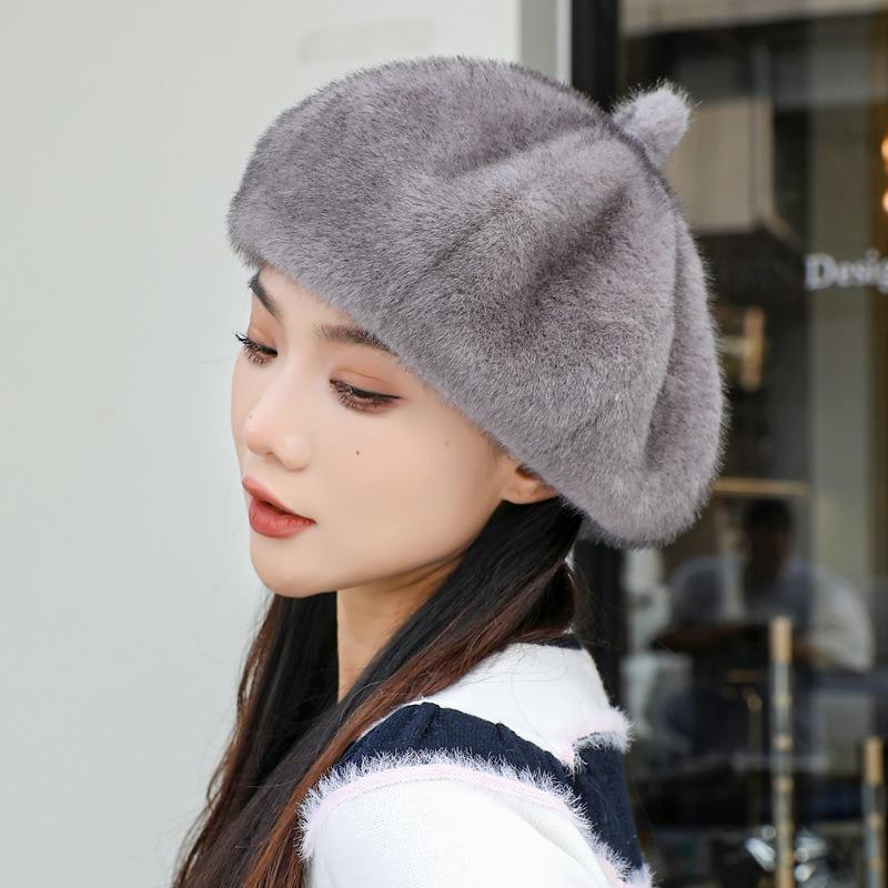 Big Head Circumference Black Beret Female Winter New Trendy Face Small Mink Hair Hat Octagonal Hat Cloud Hat Milliner