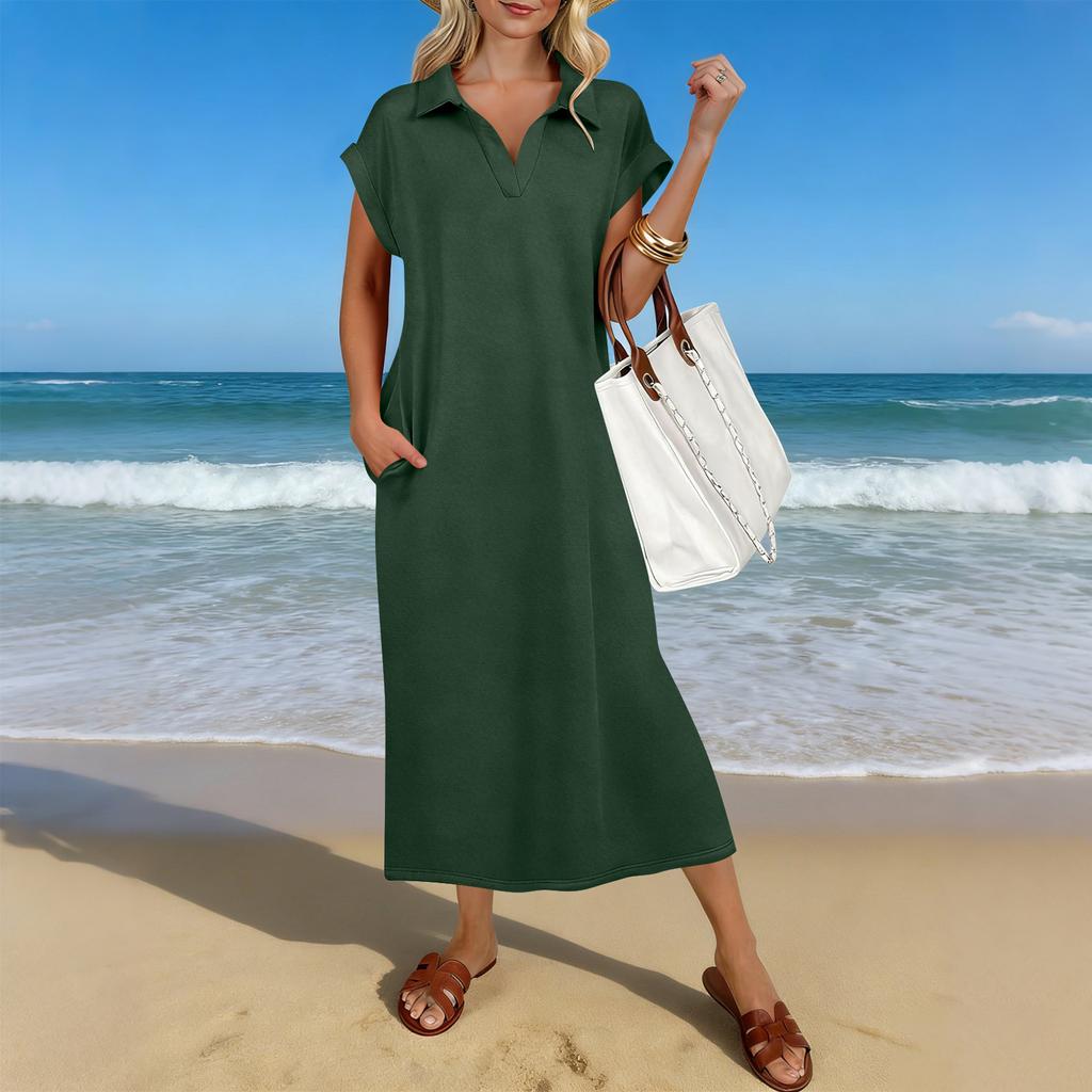 Letnia Casualowa Sukienka Midi Damska z Krótkim Rękawem i Dekoltem V, Luźny Krój, Rozcięcie na Dole, Sukienka T-Shirtowa Maxi na Plażę i do Kurortu