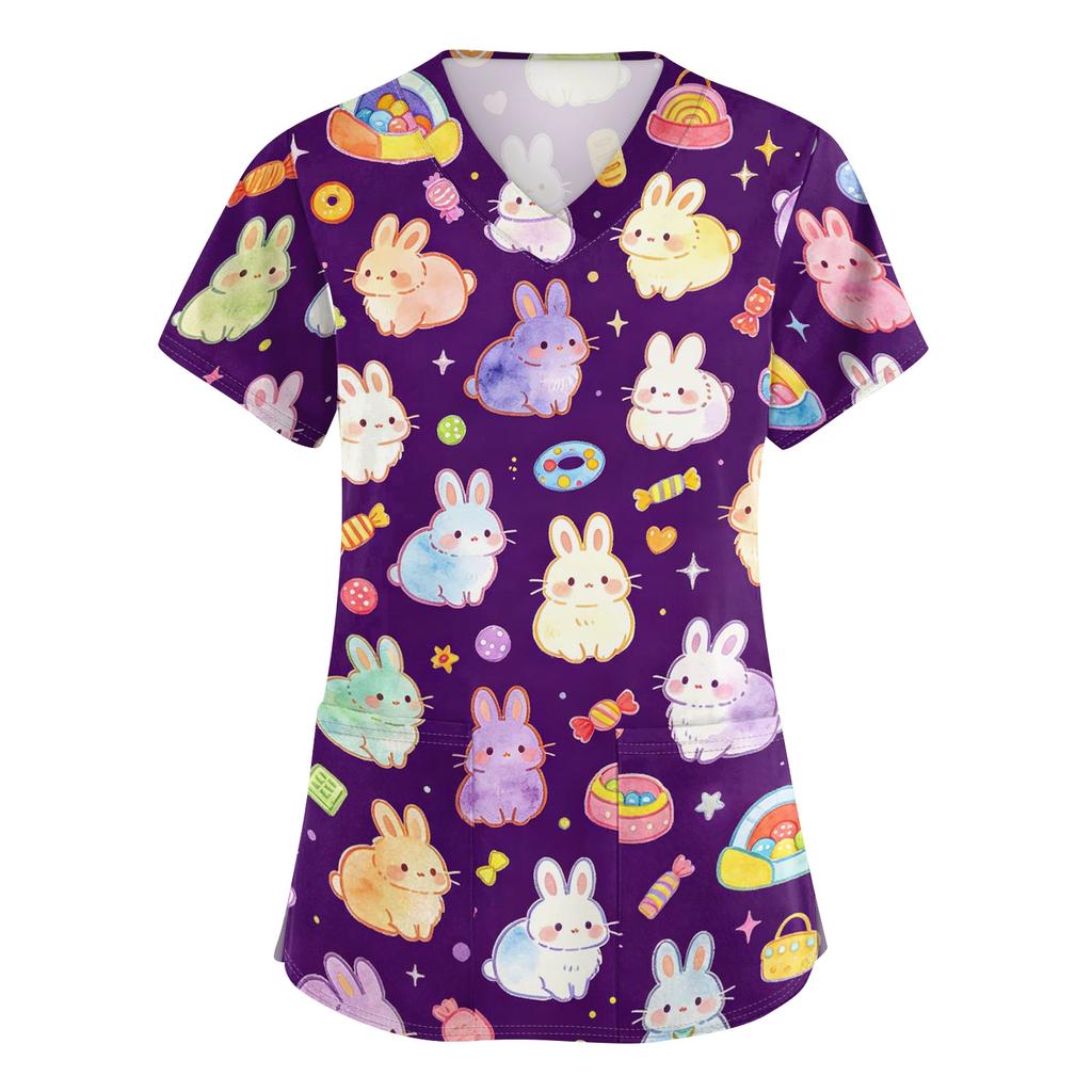 Women's V Neck Short Sleeve Work Top with Pockets Animal Print Scrub Shirt for Healthcare Professionals Medical Uniform
