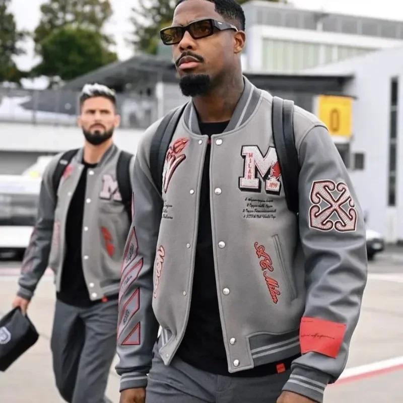 Trendy Soccer Fashion Men's Embroidered Bomber Jacket Hip Hop Letter Splicing Artificial Leather Baseball Clothing Y2K Jacket
