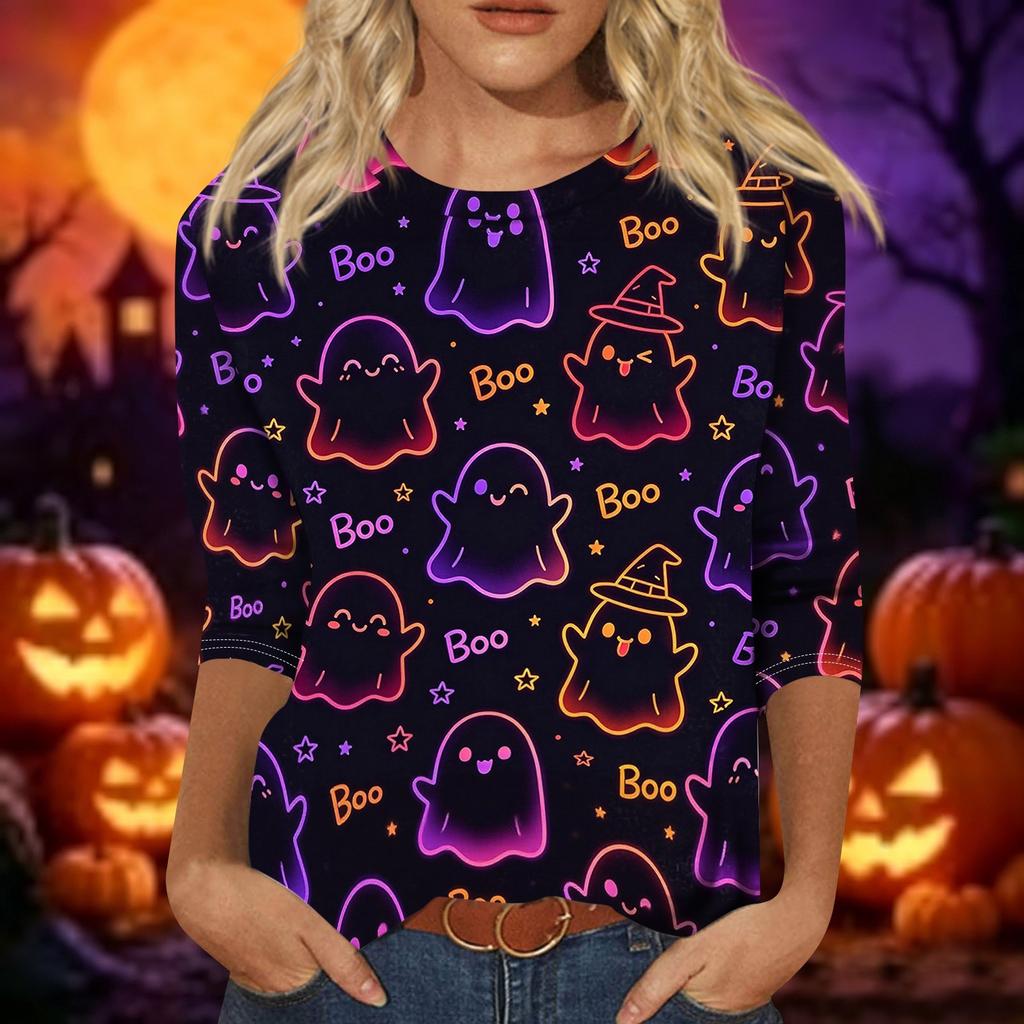 Women's Casual 3/4 Sleeve Halloween Graphic Top Crew Neck Printed Shirt Lightweight Comfortable Fit