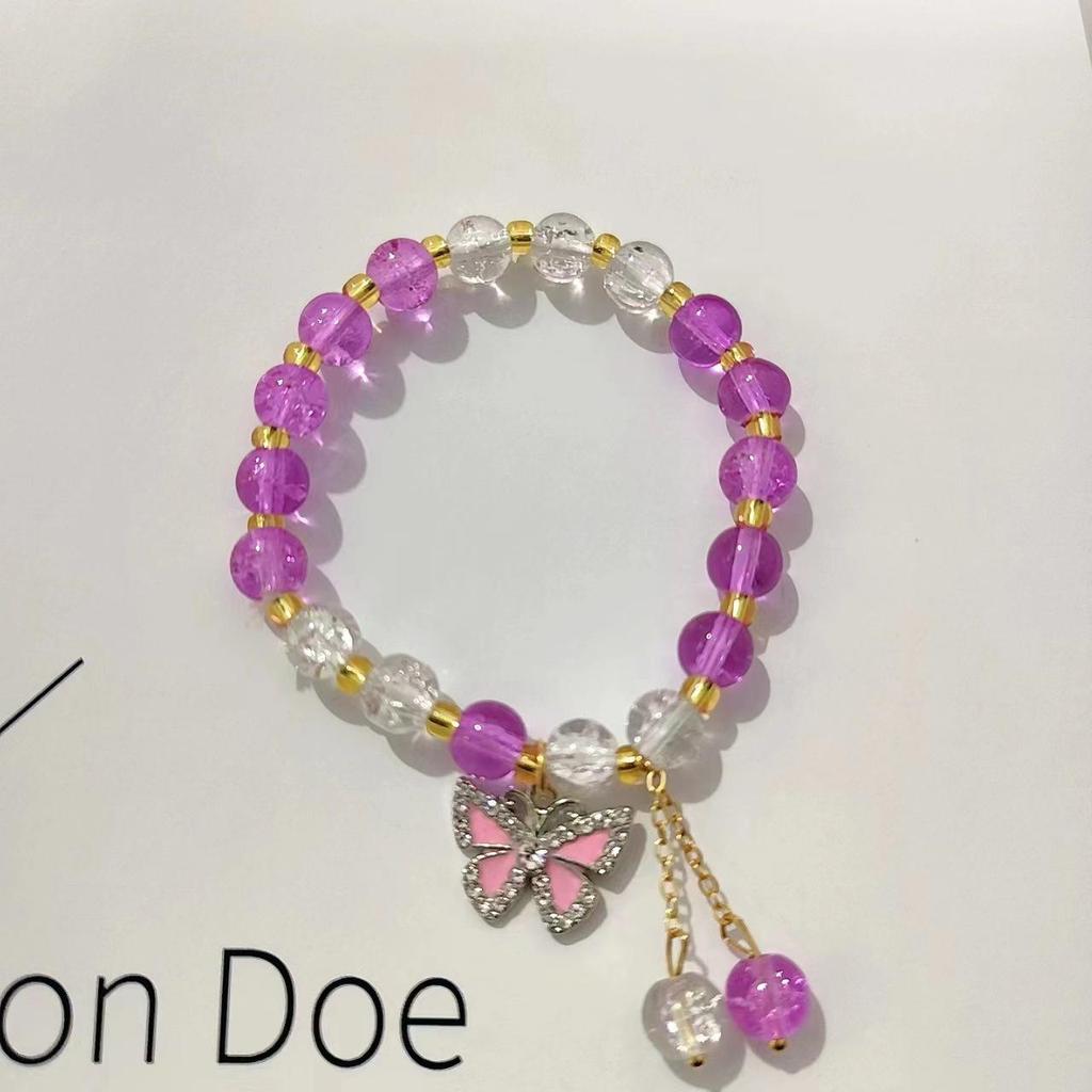 Forest Butterfly Glass Bracelet with Ice-Cracked Flower Beads