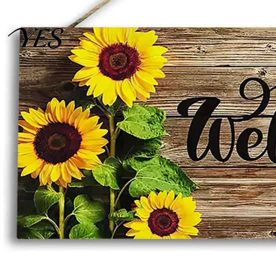 Front Door Sign Wooden Welcome Sign, Sunflowers Decor, Waterproof And Durable Hanging Bright Color Board for Home Indoor Outdoor Entrance Walls Garden