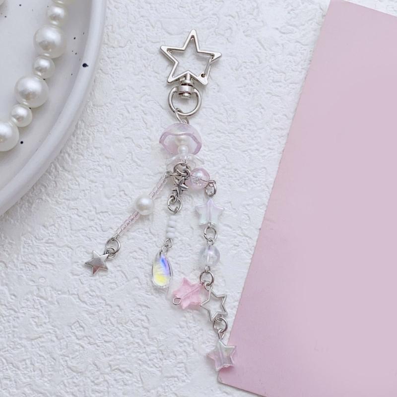 Fashionable Star and Flower Bead Charm Phone Strap Multifunctional Keychain Lanyard Fashion Accessory for Girls