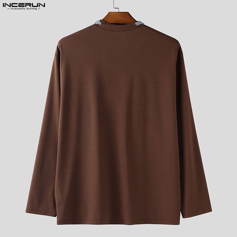 INCERUN Spring Men Striped Tie Long Sleeve Casual Loose Pullover T-shirts Tops
