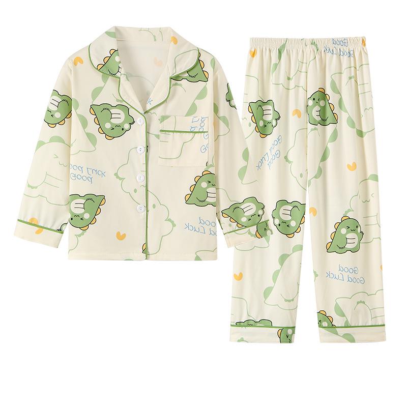 Spring & Autumn Cotton-Feel Girls' Cardigan Pajama Set - Long Sleeve & Pants