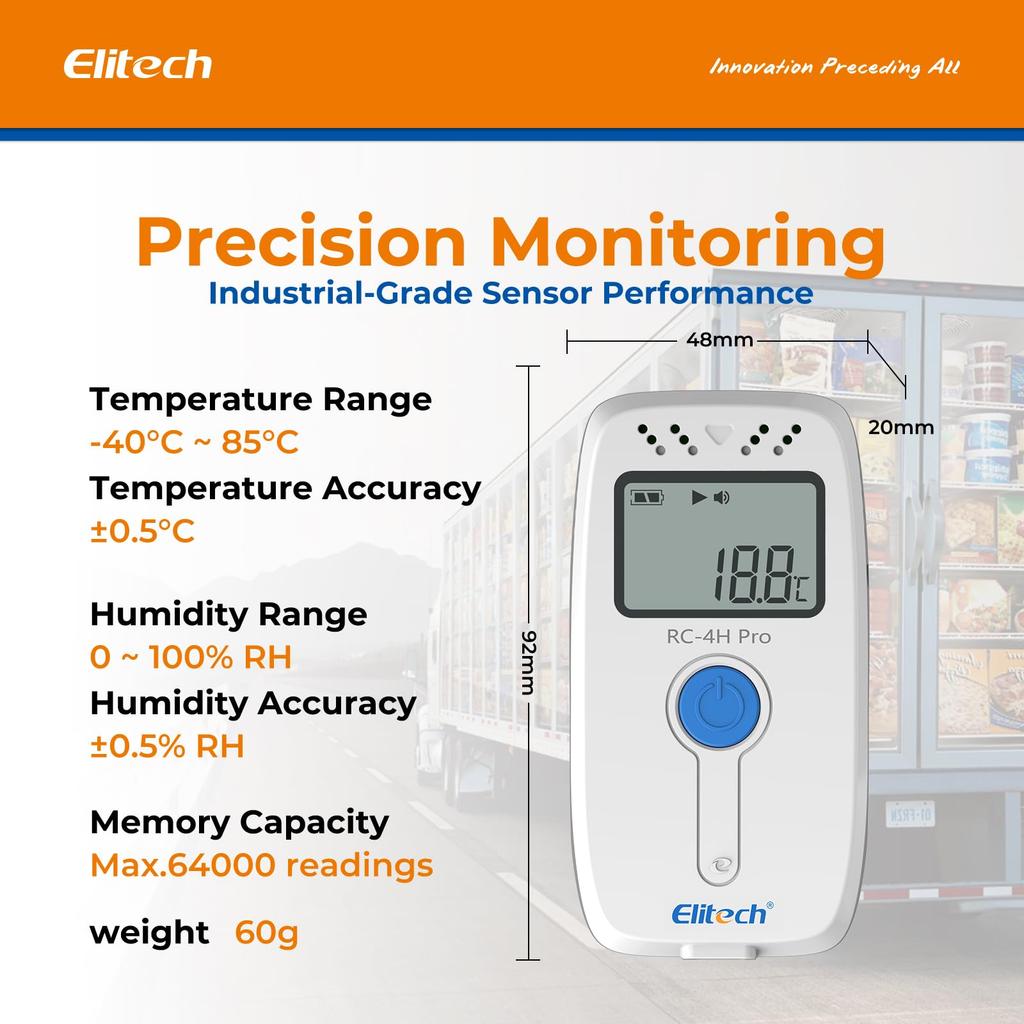 Elitech RC-4H Pro Mini Temperature and Humidity Data Logger: USB Connectivity, 64,000 Data Points Recording Capacity, with Alarm Function, Suitable Fo