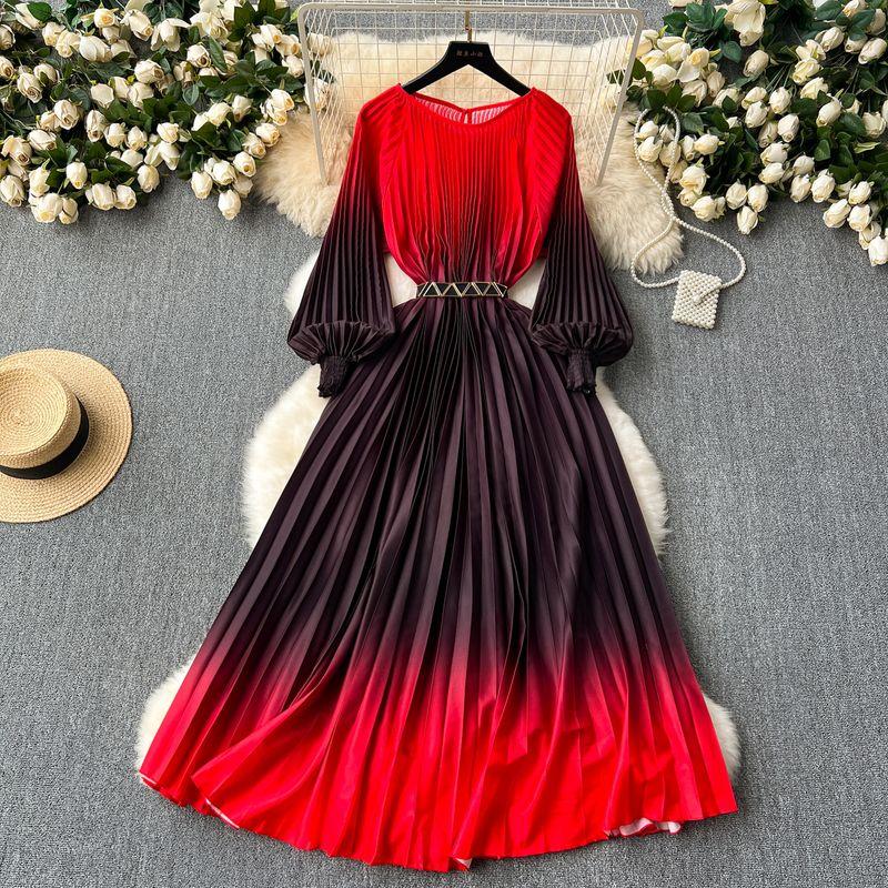 

Classy Elegance Dress Women 2024 New Design Sense Waist Slim Looking Elegant Gradient Color Pleated Formal Dress Red All yards