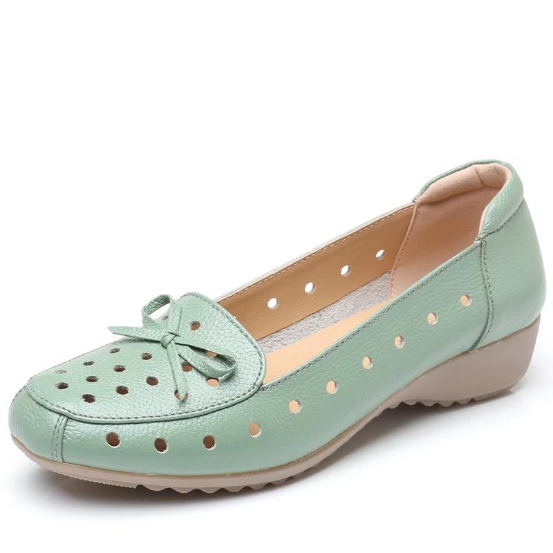 Fashion Women Genuine Leather Shoes Ballet Flats Spring Ladies Flat Low Heel Bowknot Comfy Soft Leather Slip on Shoes for Female Zapatos