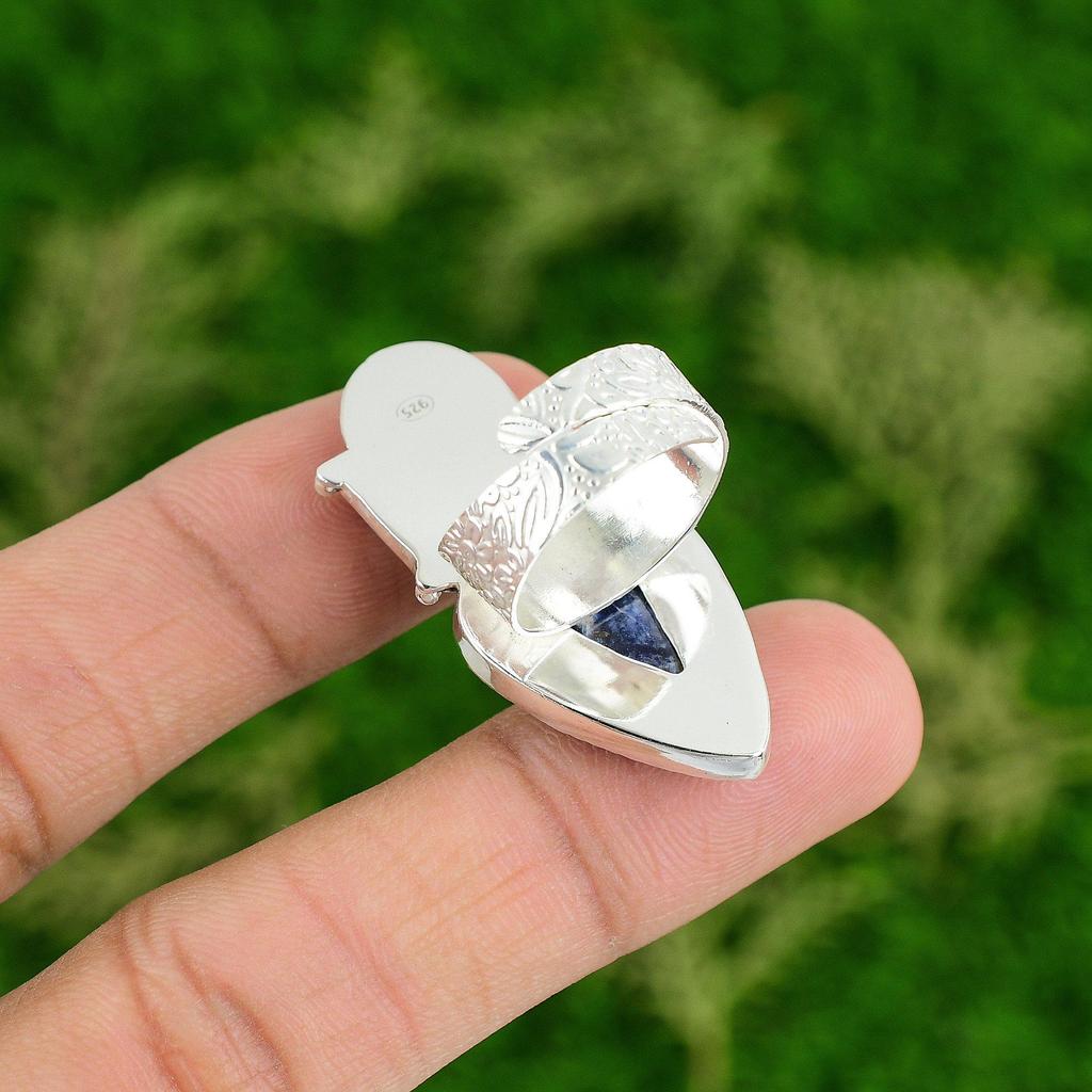 Natural Sodalite 925 Silver Promise Skull And Bone Adjustable Ring For Girls