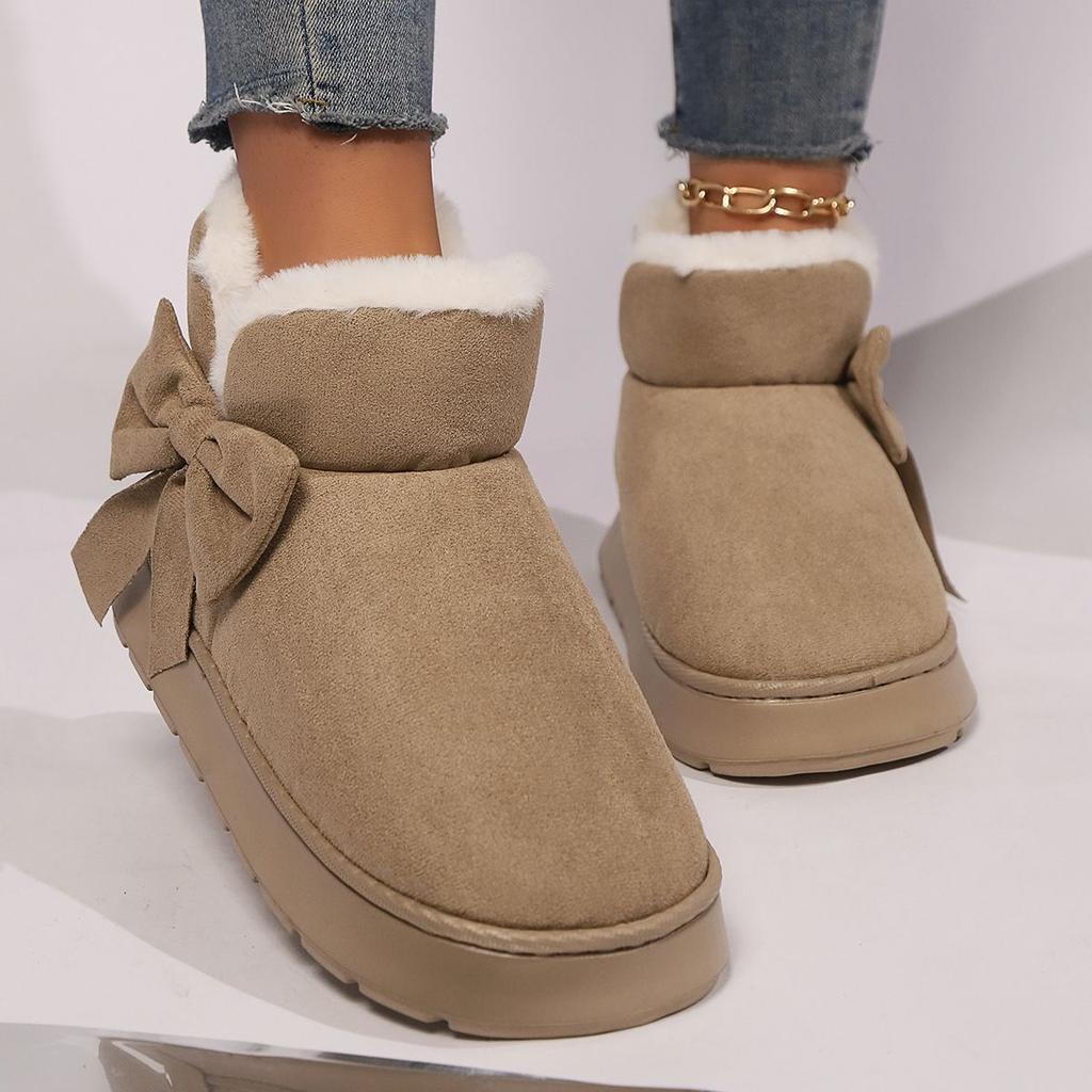 Cozy Plush-Lined Winter Snow Boots for Men and Women - Elegant Bow Detail, Soft Sole, Indoor/Outdoor Fashion Slippers