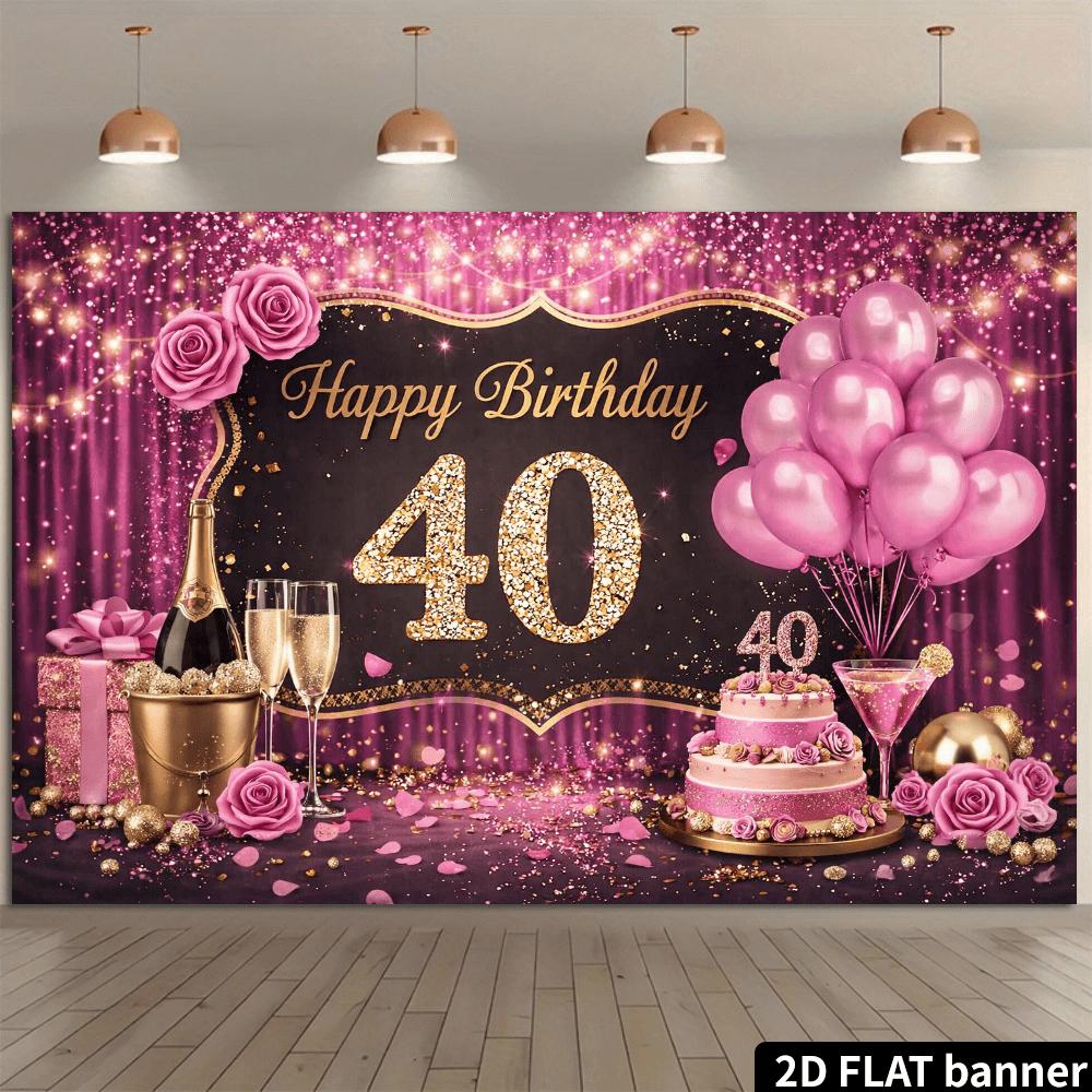 2D plane 40th birthday party backdrop - Pink and gold theme, for celebrating 40th birthday, made of polyester material 130x150cm