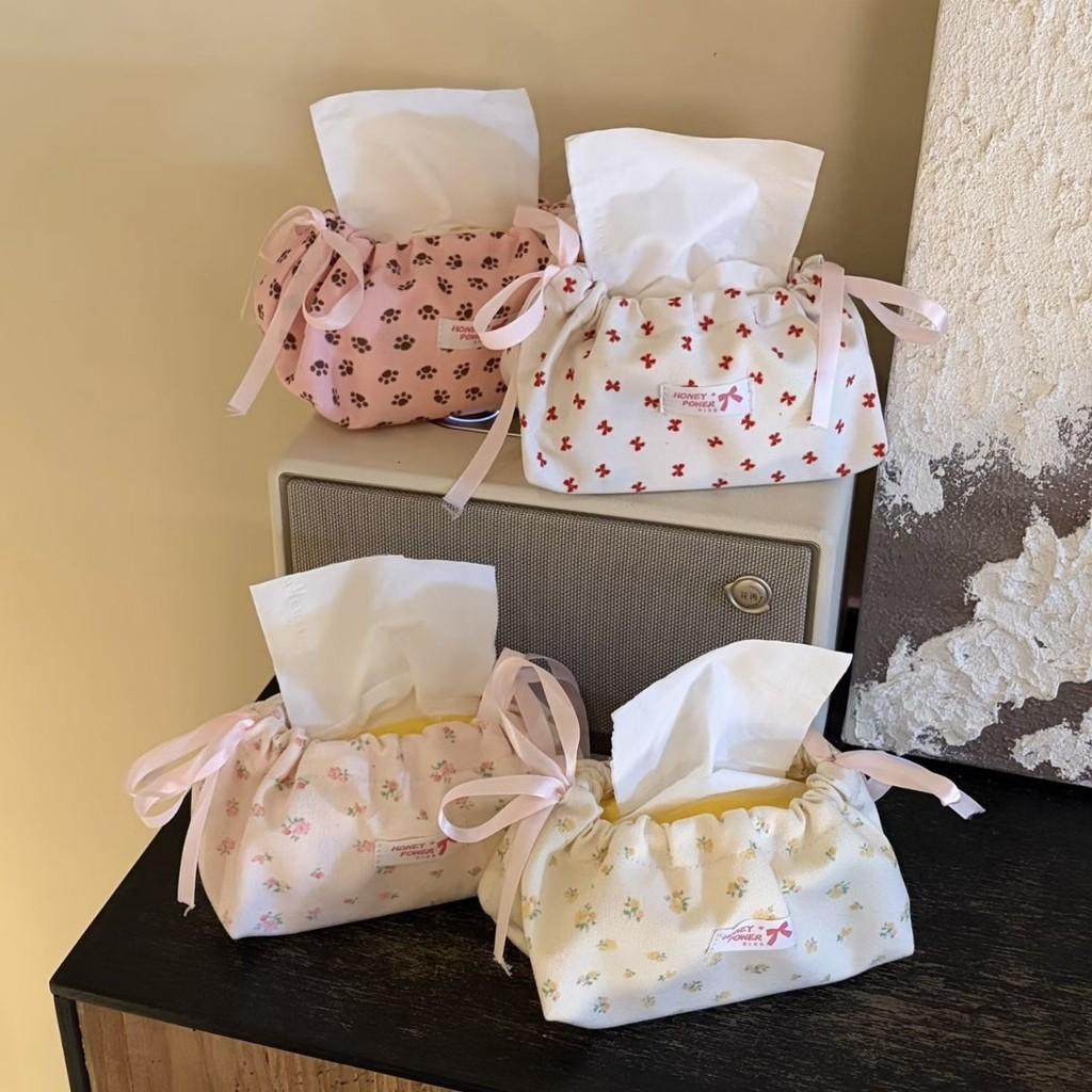 Style Floral Cloth Tissue Box Cover With Drawstring Organizer For Car And Home Decor