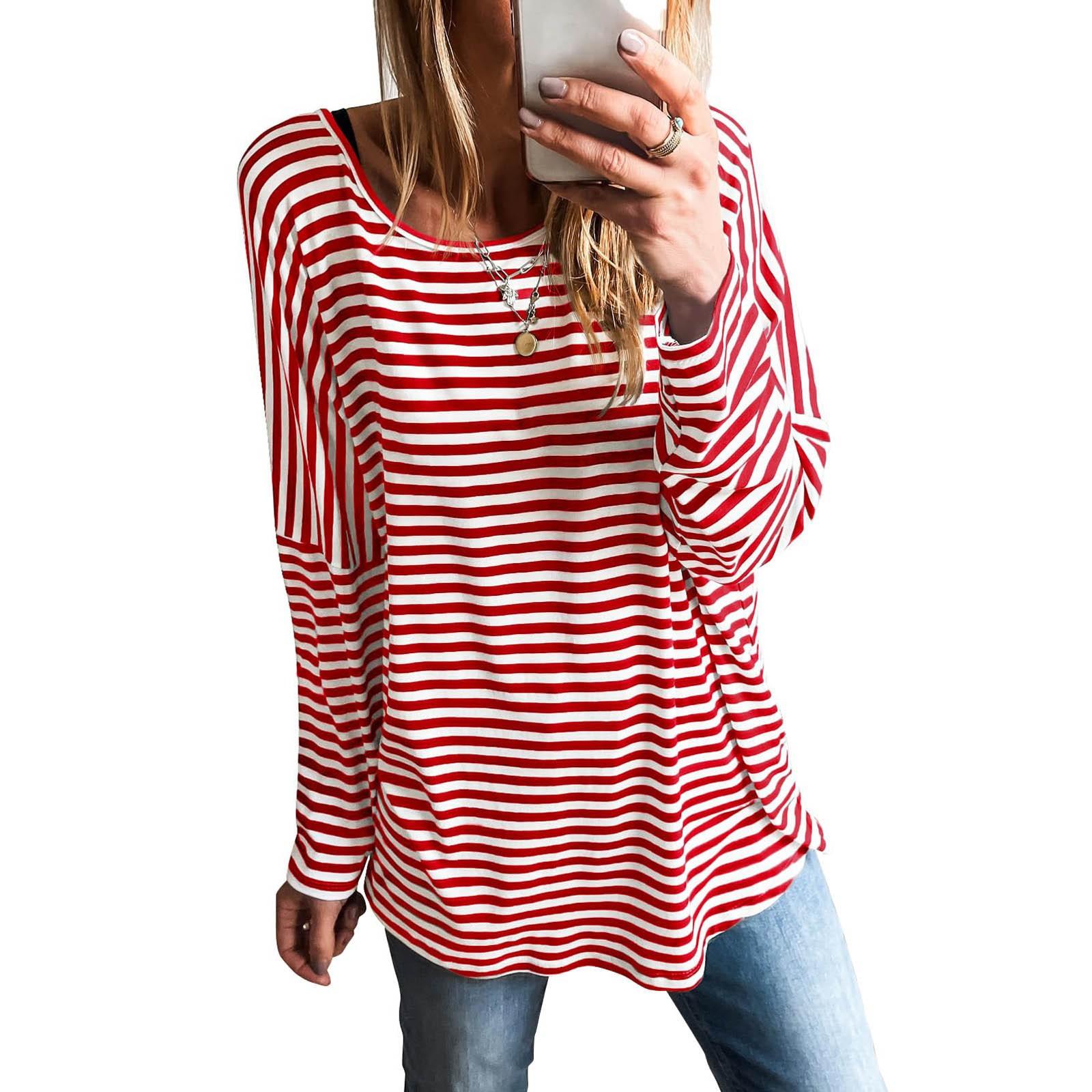 

Новые модные женские полосатые повседневные рубашки с длинным рукавом и круглым вырезом, базовые топы M розовый