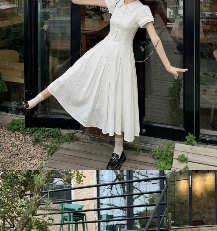 Women's White Puff Sleeve A-Line Dress - Slim Waist, Wide Hem, Chic First Love Style