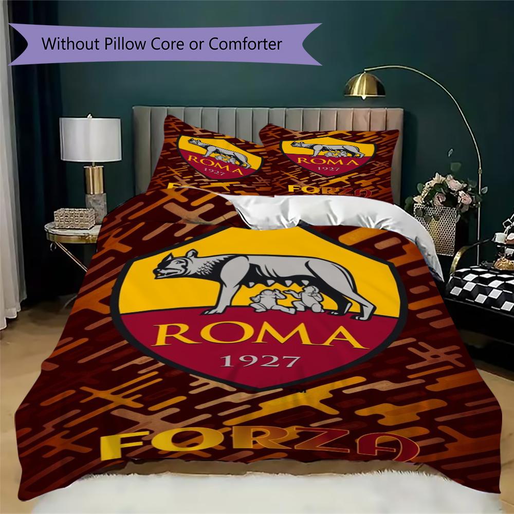 Set lenjerie de pat cu model A.S. Roma Cearșaf pilotă Huse pernă Decorațiune casă Cadou de ziua de naștere (1 * husă de pilotă + 2 * fețe de pernă fără miez)01