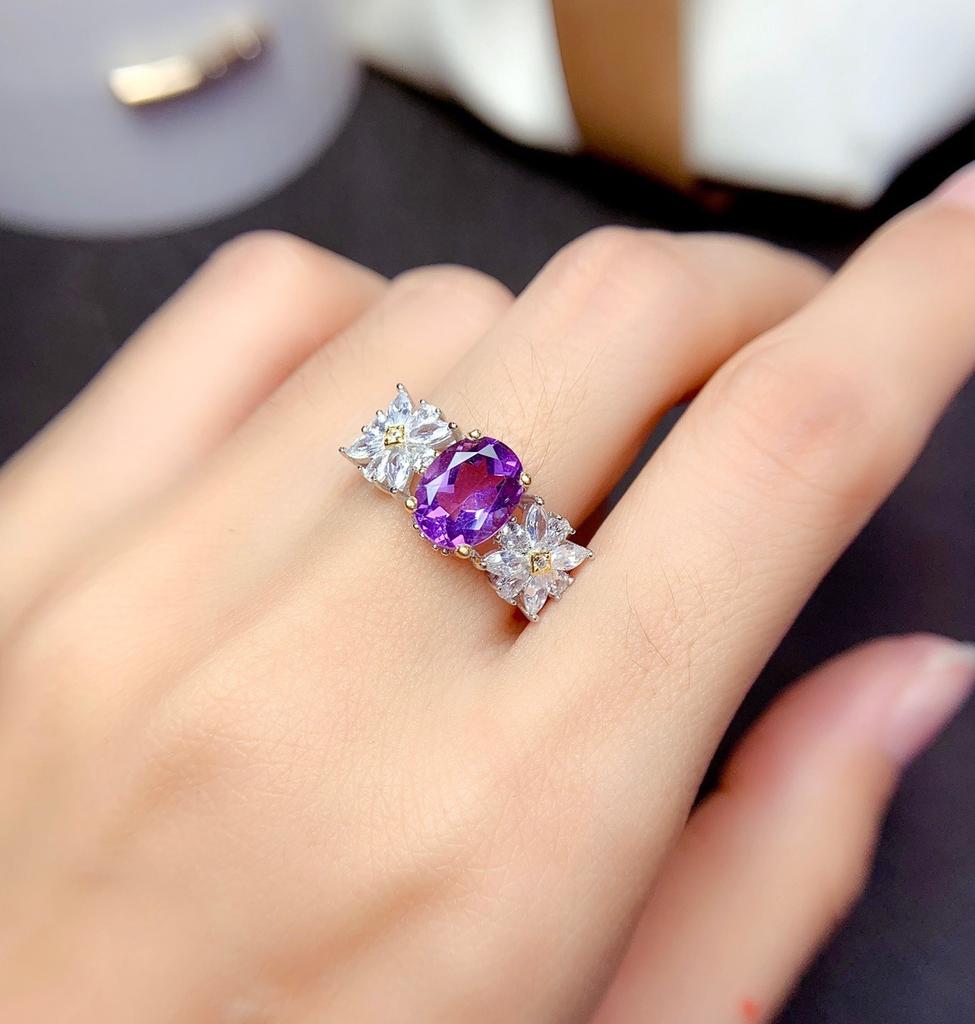 Imitation Amethyst Micro-Set Ring Female, Sunflower Small Daisy Two-Color Electroplated Light Luxury Colored Treasure Ring