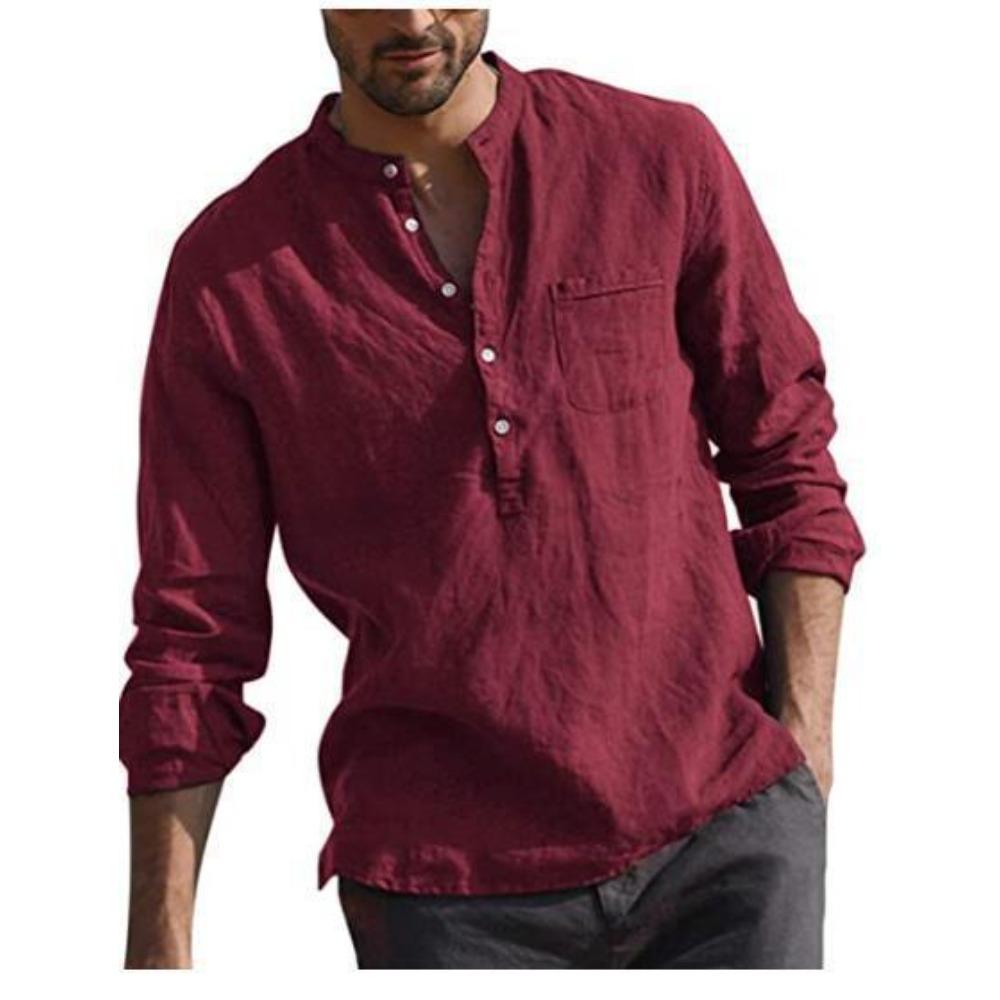 Herren Langes Ärmel V-Ausschnitt Lässig Strand Leinen Hemd