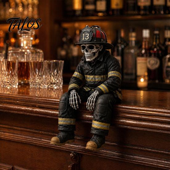 Feuerwehrmann Uniform Replik Skelett Regalhocker Statue, Vintage Harz Figur mit Realistischem Ausrüstung & Abgenutzter Retro Diorama Skulptur Finish, Dunkel