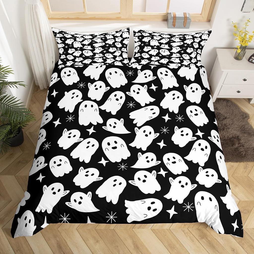 Ghost Duvet Cover Queen King Size Cartoon Cute Ghost Decorative Bedding Set for Kids Girls Teens Happy Halloween 3 Piece Set