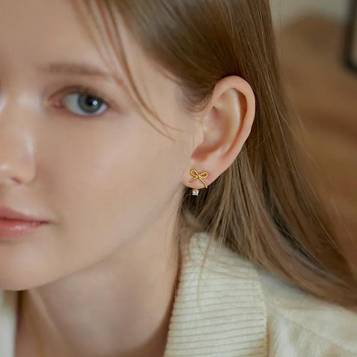 [Silver925] Dot ribbon two-way earring (Silver/Gold)