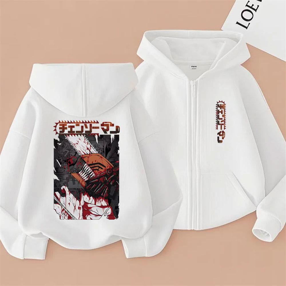 Japanischer Anime Chainsaw Man Denji Pochita Doppelseitiger Druck Reißverschluss-Hoodie Herren Damen Mode Manga Übergroße Zip-Up-Jacke Mantel