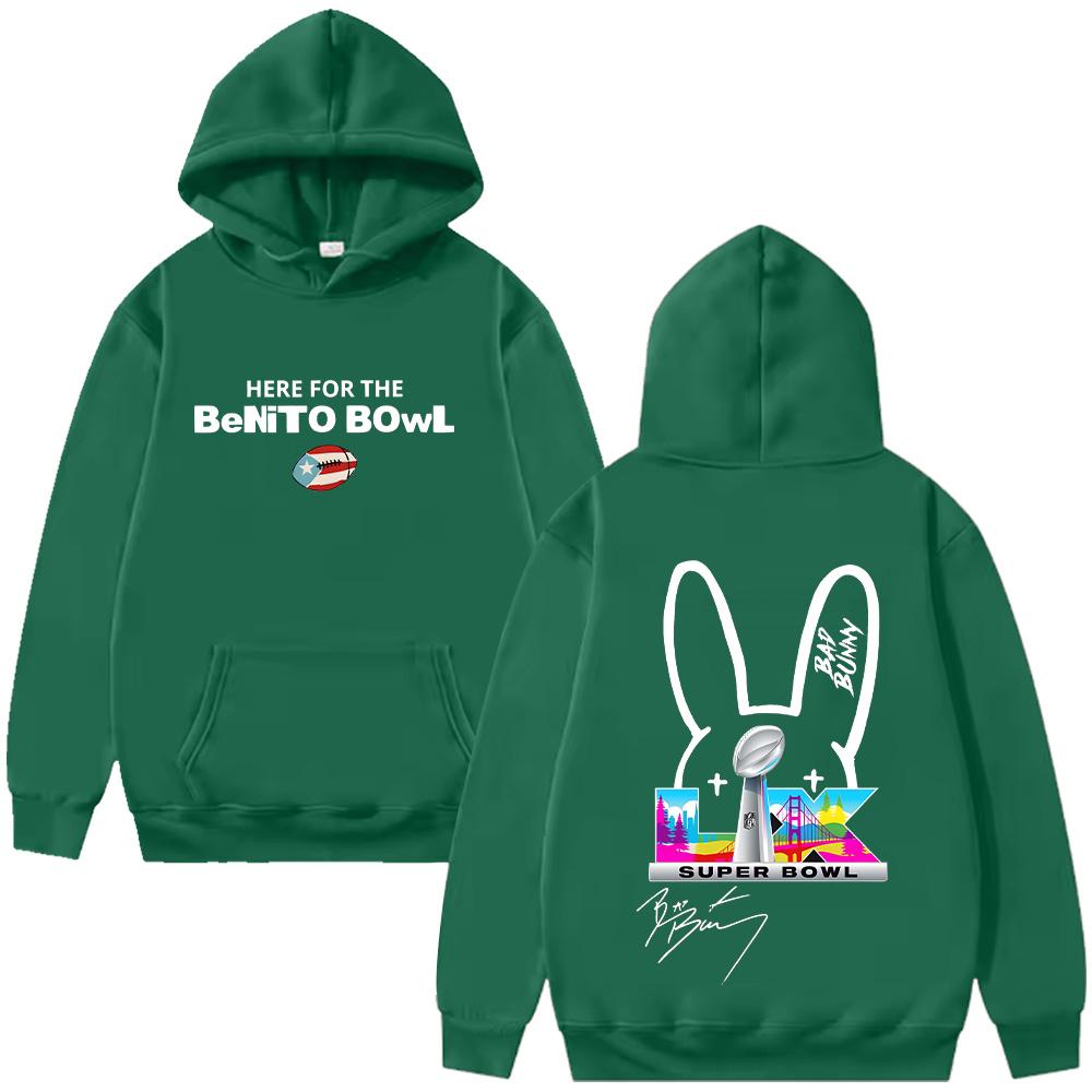 

Худи Bad Bunny Super Bowl Здесь для Benito Bowl Худи с фирменным логотипом С длинным рукавом Уличный топ Унисекс Оверсайз Пуловер С графикой Аниме Худи XS темно-зеленого