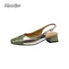 Fashion Chinese Style Cover Toe 4CM Mid Heel Pumps Shoes for Women Slingback Sandals Square Headed Leather Pacthwork Buckle Strap Sandal