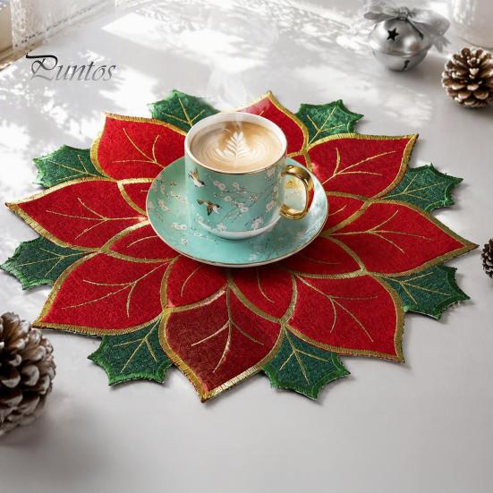 Christmas Table Placemats for Dining Floral Leaf Placemat Table, Decorative Polyester Fabric Round Mats Home with Festive Leaves Design Party