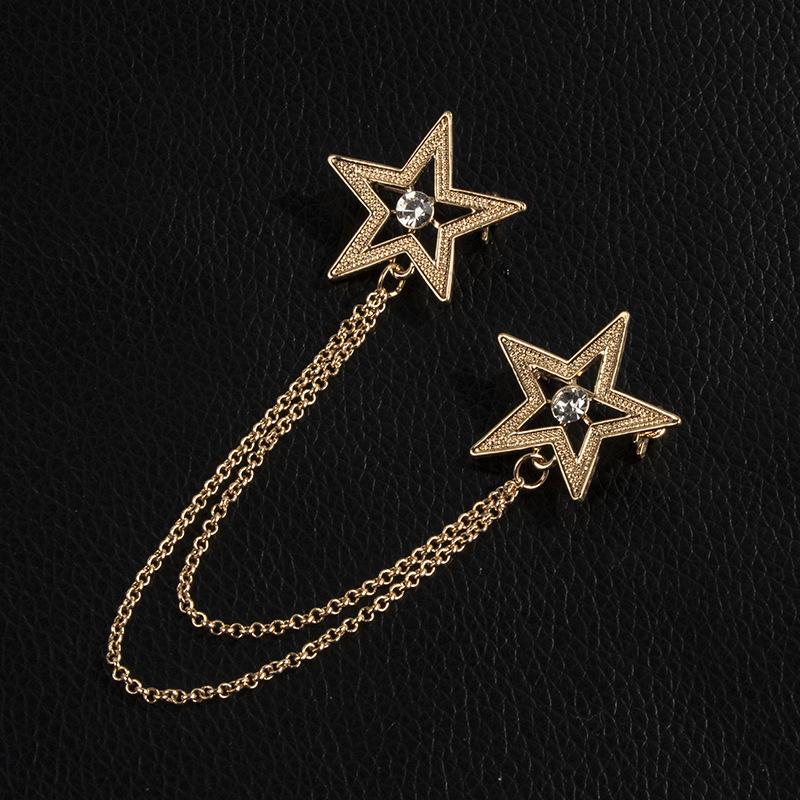 Crystal Pentagram Brooch Pin Fashion Tassel Chains Suit Shirt Badge Collar Lapel Pin For Men And Women Jewelry Gifts