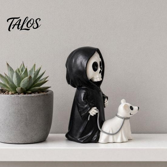 3D Carved Skeleton Decoration Grim Reaper & Ghostly Puppy Resin Figurine, Black Robed with Cute Dark Healing Halloween Figure Ghost Dog Statue, Gothic