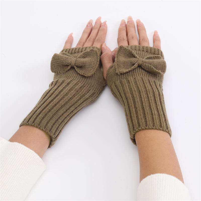 Women Short Bow Cable Knitted Warm Fingerless Gloves Outdoor Stretchy Arm Warmers Office Typing Wrist Gloves