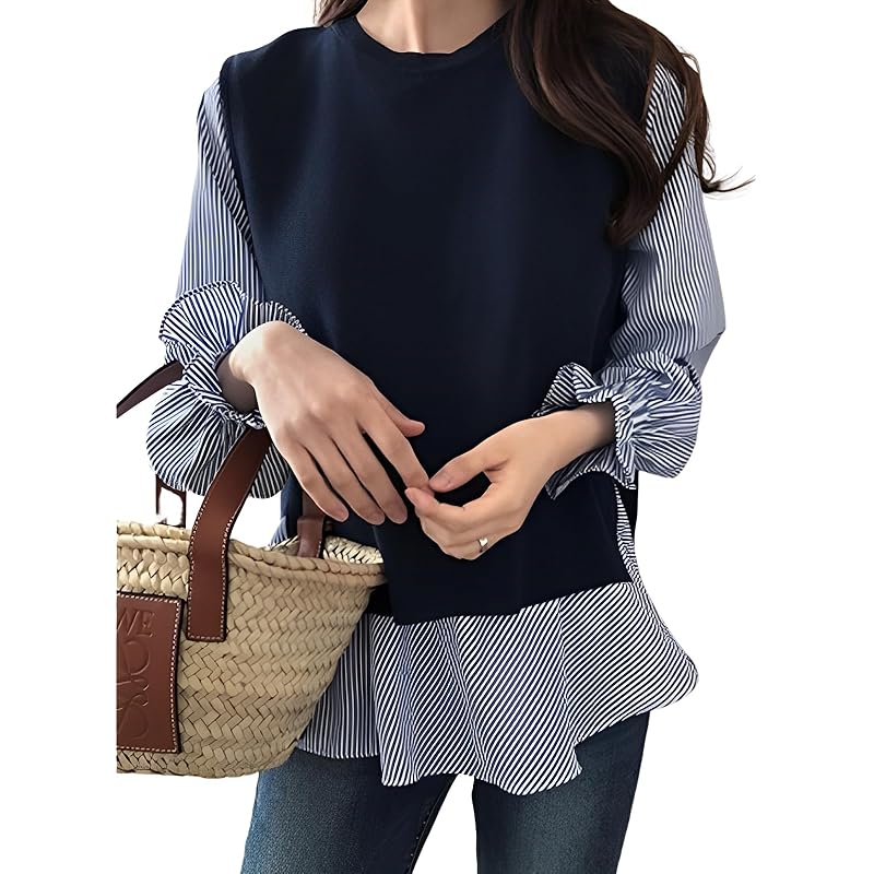 

[Nune] 2-piece set layered style blouse vest long sleeve layered docking shirt tops ladies spring autumn frills sleeve casual casual shirt cute cute
