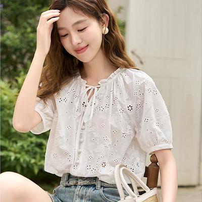 Women Blouse 2023 New Fashion Elegant Commuter Embroidery Sweet Ruffles Lace-up Female Pullover Tops  MXC34C0019