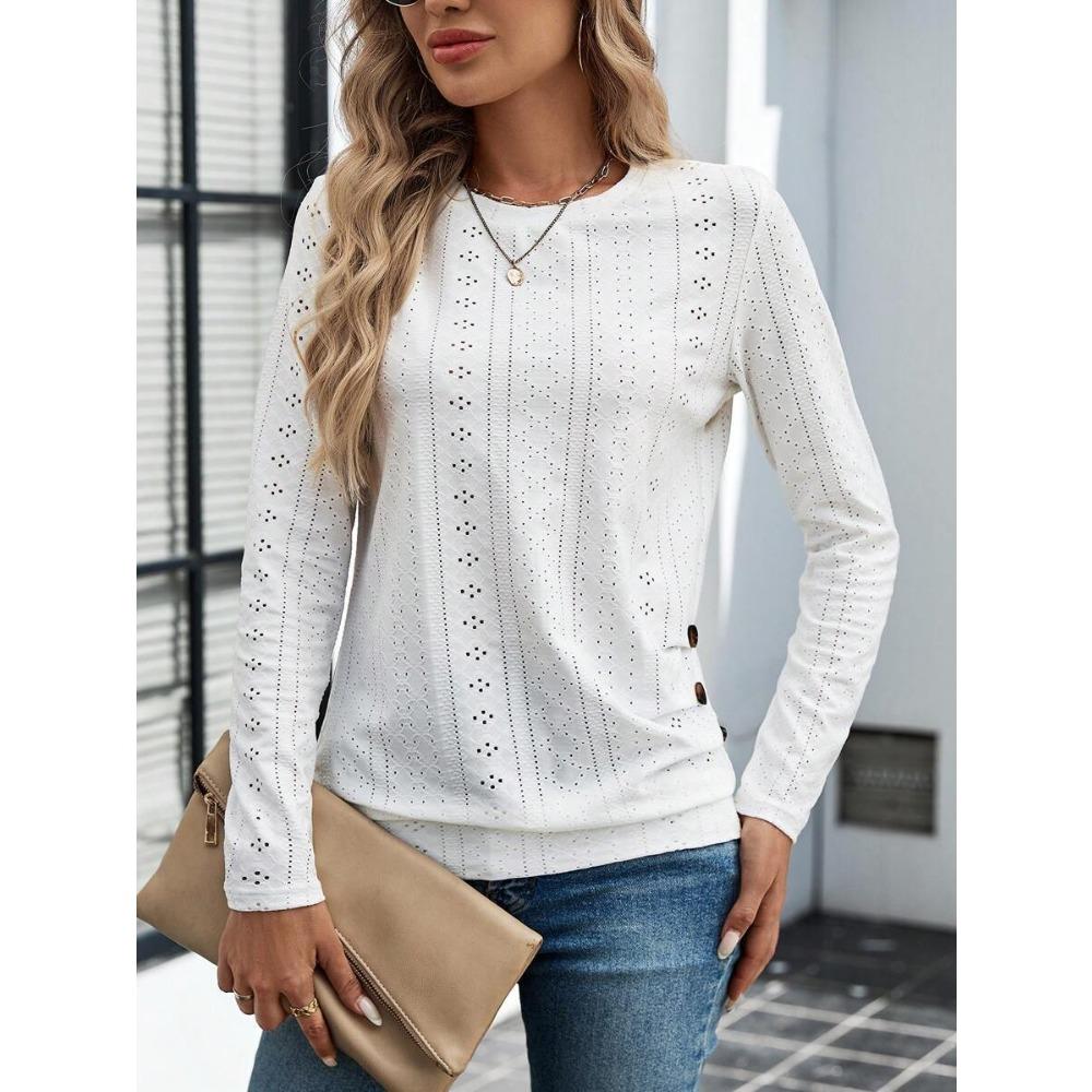 Tricou cu mânecă lungă și gât rotund, cu nasturi decorativi, la modă și versatil, casual pentru navetă.
