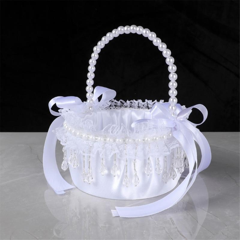 Elegant Crystal Pearls Tassels Basket For Wedding Party Decorations Handcrafted Floral Container With Silk Fabric