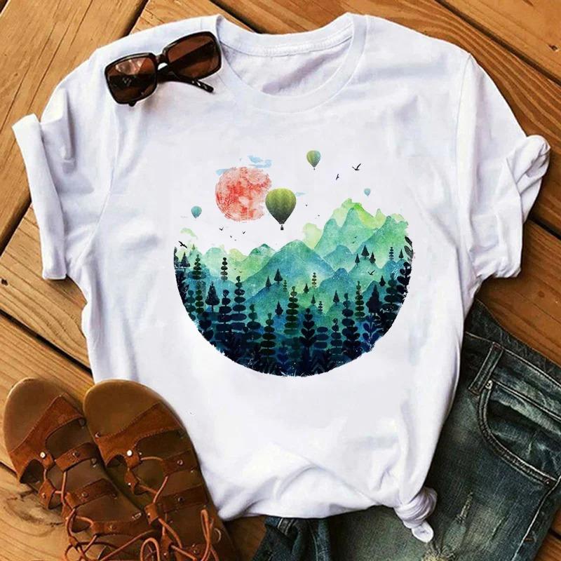 Cartoon Colored Hot Air Balloon Tshirt Womens Summer Round Neck Comfortable Top for Girls Anime Streetwear