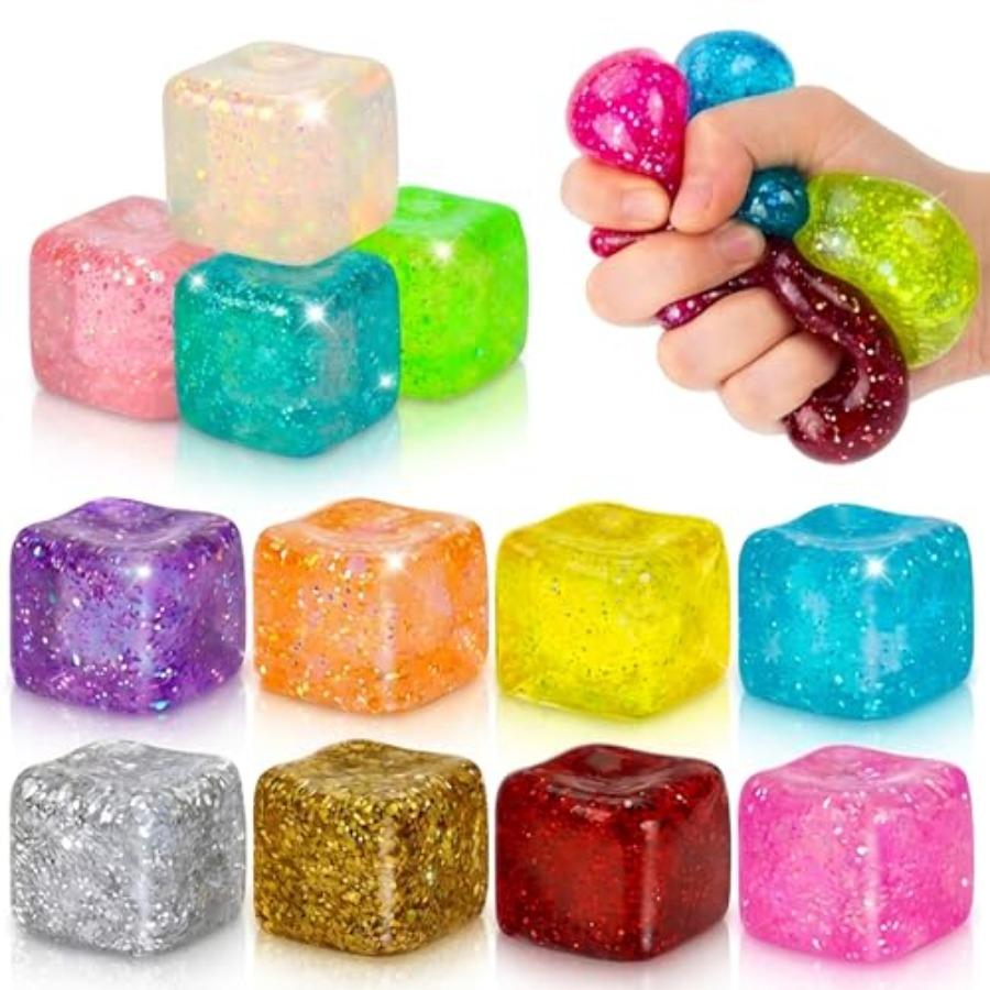 12 Pack Glitter Stress Cube Fidget Toys - Sensory Squeeze Toys For Stress And Anxiety Relief, Squishy Ice Cube Fidgets For Calm