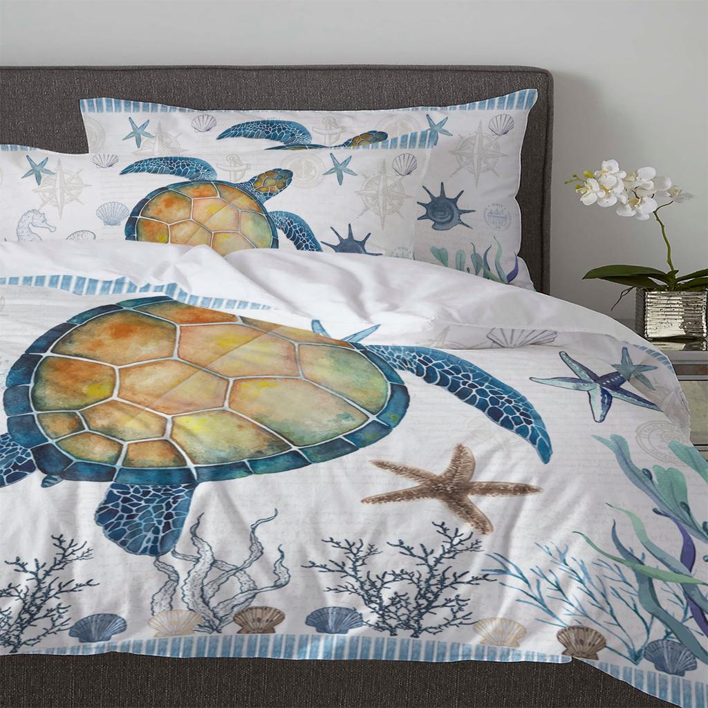 Sea Turtle Blue Starfish Shell Duvet Cover With Pillow Case Custom 3pcs Bedding Set Quilt Cover Double Bed Home Textile